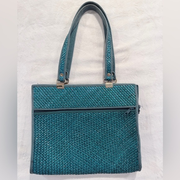 Vintage Woven Straw Tote Bag Colorblock Pink Teal Mustard Made in Italy - Picture 6 of 10